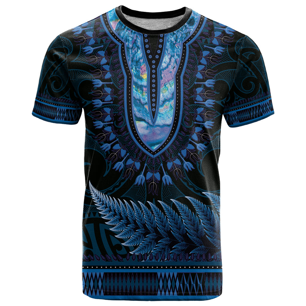 Blue African Dashiki With Aotearoa Maori T Shirt Paua Shell Mix Silver Fern