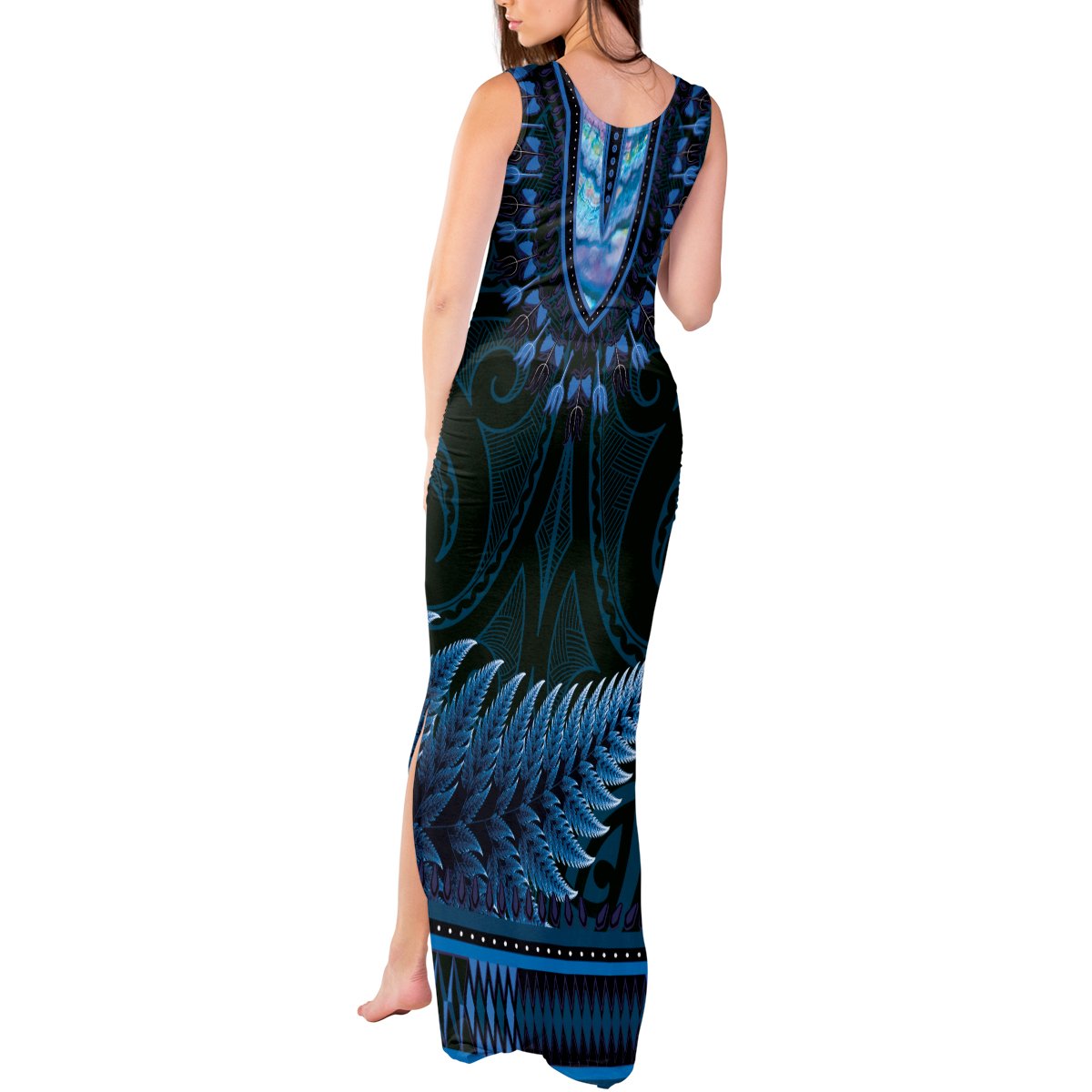 Blue African Dashiki With Aotearoa Maori Tank Maxi Dress Paua Shell Mix Silver Fern LT14 - Polynesian Pride