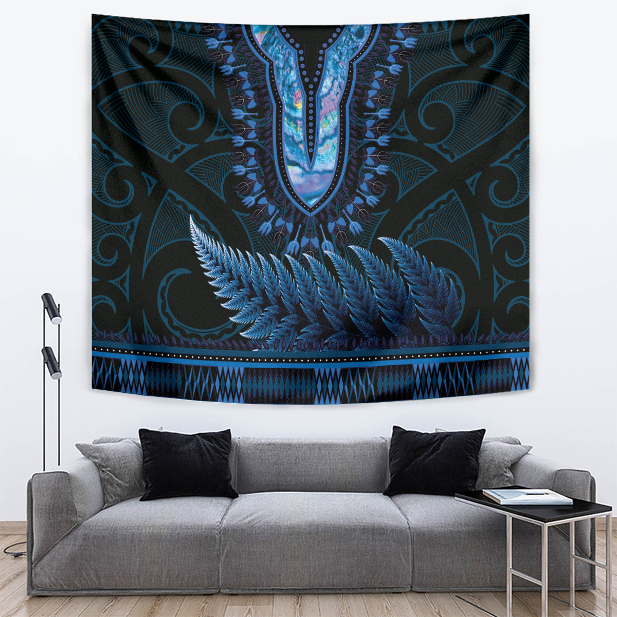 Blue African Dashiki With Aotearoa Maori Tapestry Paua Shell Mix Silver Fern LT14 Blue - Polynesian Pride
