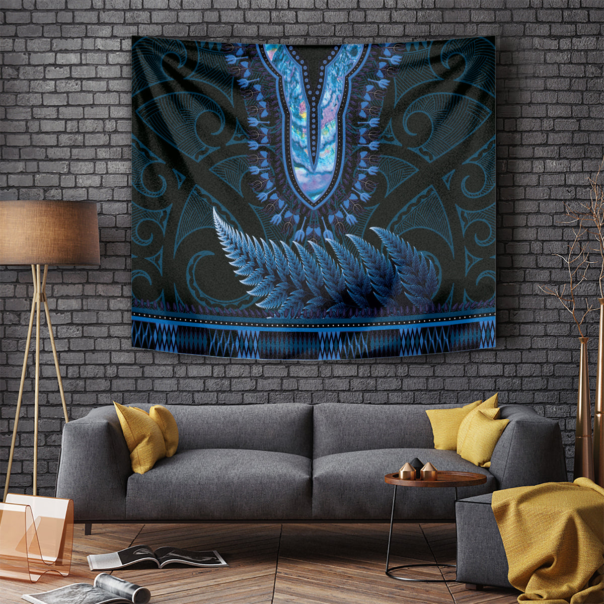 Blue African Dashiki With Aotearoa Maori Tapestry Paua Shell Mix Silver Fern LT14 - Polynesian Pride