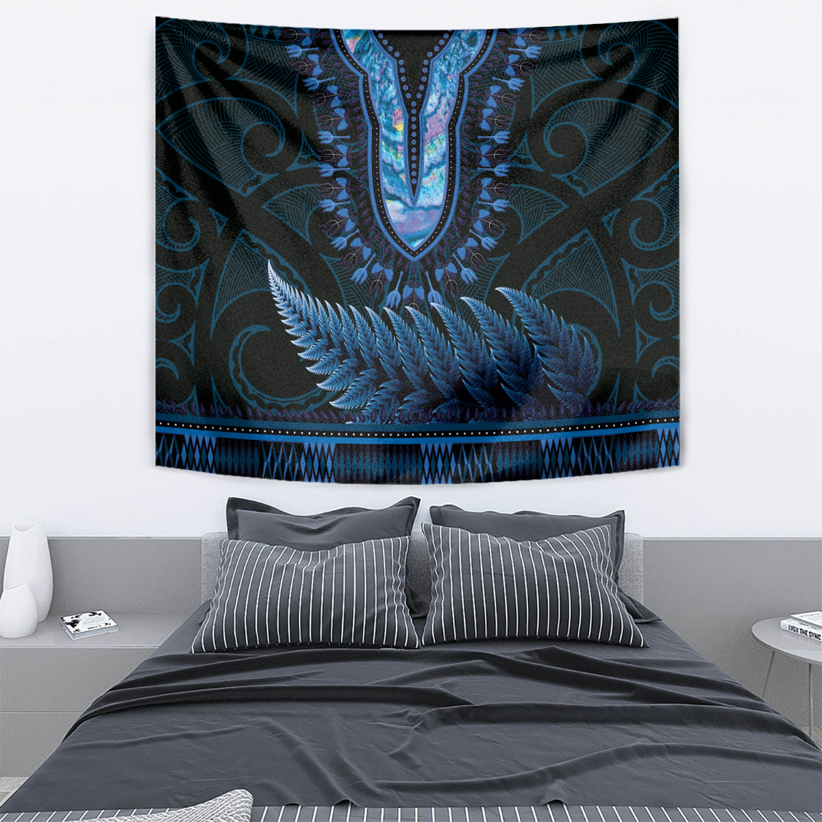 Blue African Dashiki With Aotearoa Maori Tapestry Paua Shell Mix Silver Fern LT14 - Polynesian Pride