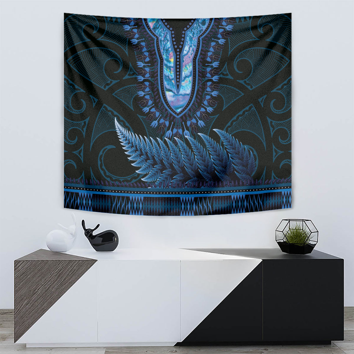 Blue African Dashiki With Aotearoa Maori Tapestry Paua Shell Mix Silver Fern LT14 - Polynesian Pride
