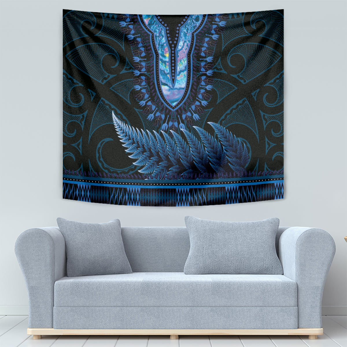 Blue African Dashiki With Aotearoa Maori Tapestry Paua Shell Mix Silver Fern LT14 - Polynesian Pride