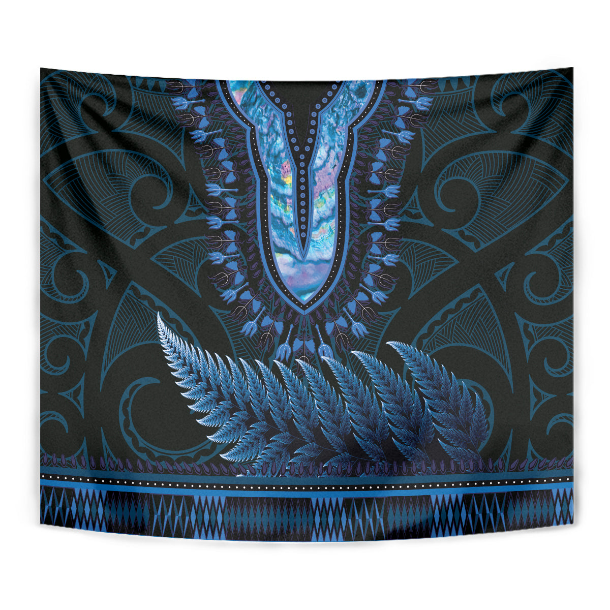 Blue African Dashiki With Aotearoa Maori Tapestry Paua Shell Mix Silver Fern LT14 - Polynesian Pride