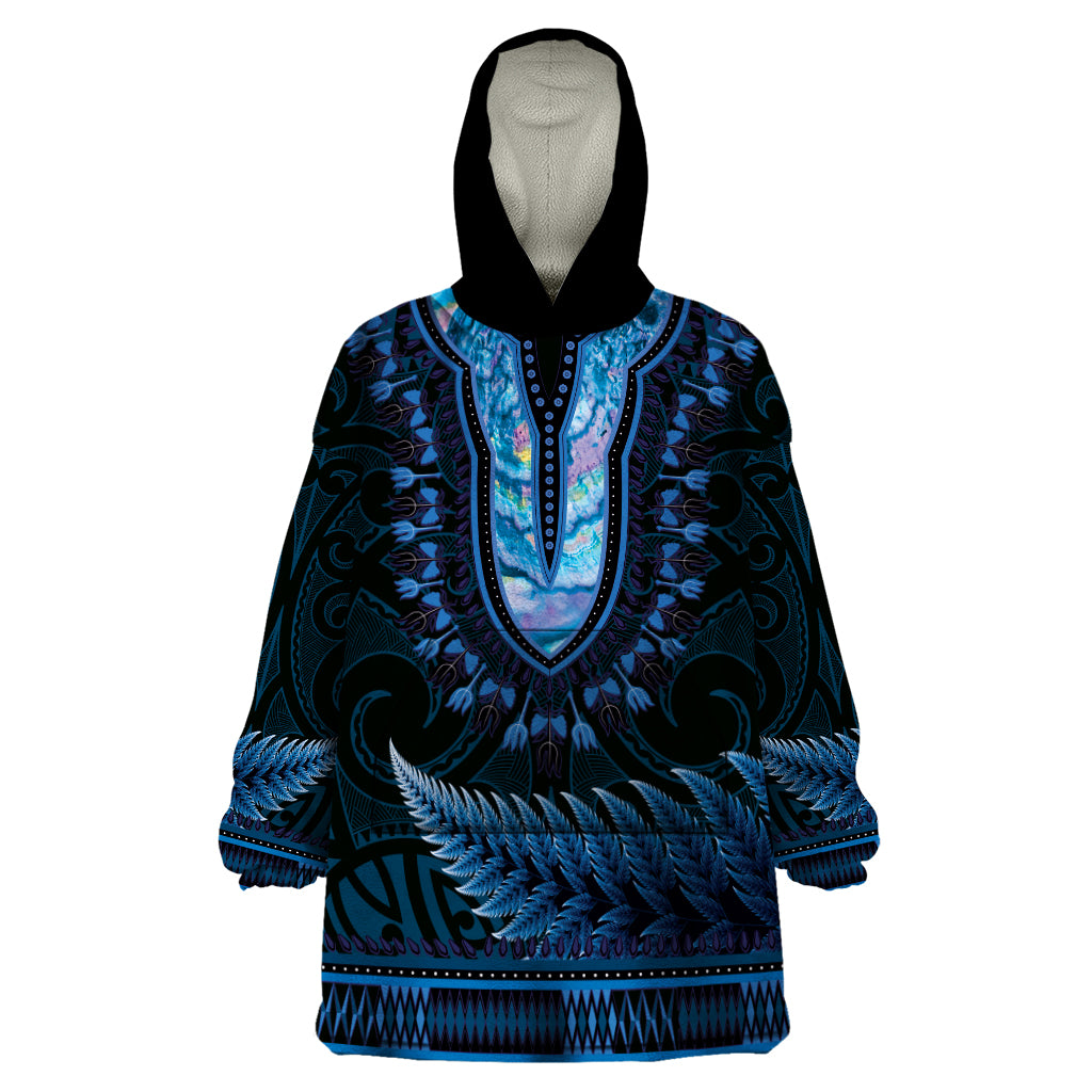 Blue African Dashiki With Aotearoa Maori Wearable Blanket Hoodie Paua Shell Mix Silver Fern