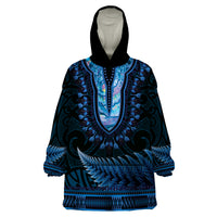 Blue African Dashiki With Aotearoa Maori Wearable Blanket Hoodie Paua Shell Mix Silver Fern LT14 One Size Blue - Polynesian Pride