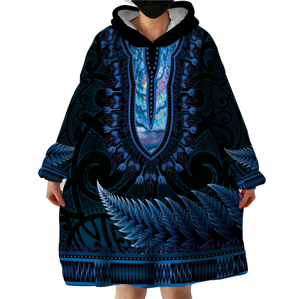 Blue African Dashiki With Aotearoa Maori Wearable Blanket Hoodie Paua Shell Mix Silver Fern LT14 - Polynesian Pride