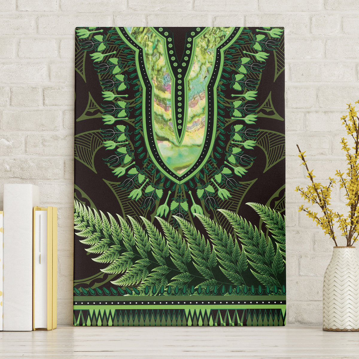 Lime Green African Dashiki With Aotearoa Maori Canvas Wall Art Paua Shell Mix Silver Fern LT14 Without Frame Lime Green - Polynesian Pride