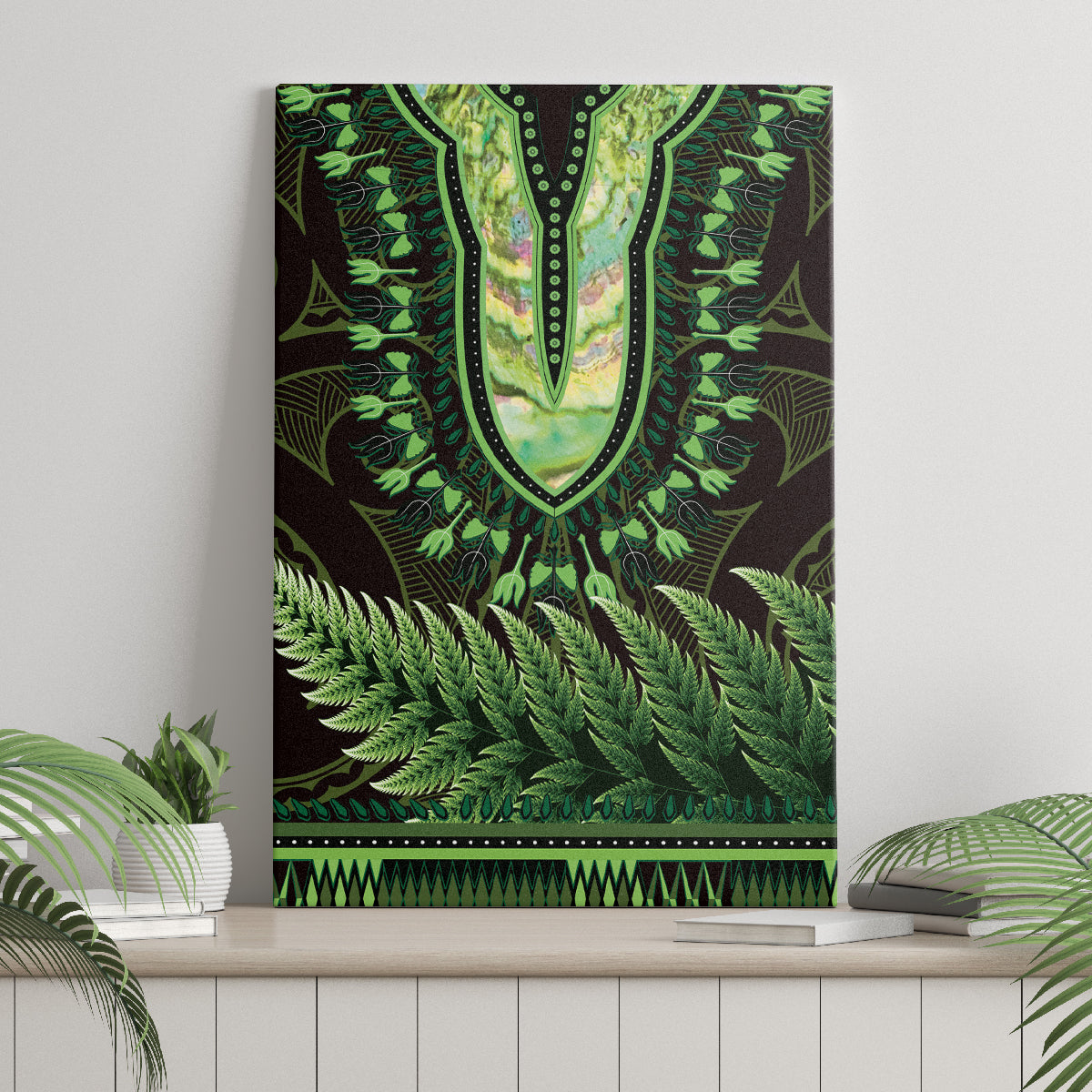 Lime Green African Dashiki With Aotearoa Maori Canvas Wall Art Paua Shell Mix Silver Fern LT14 - Polynesian Pride