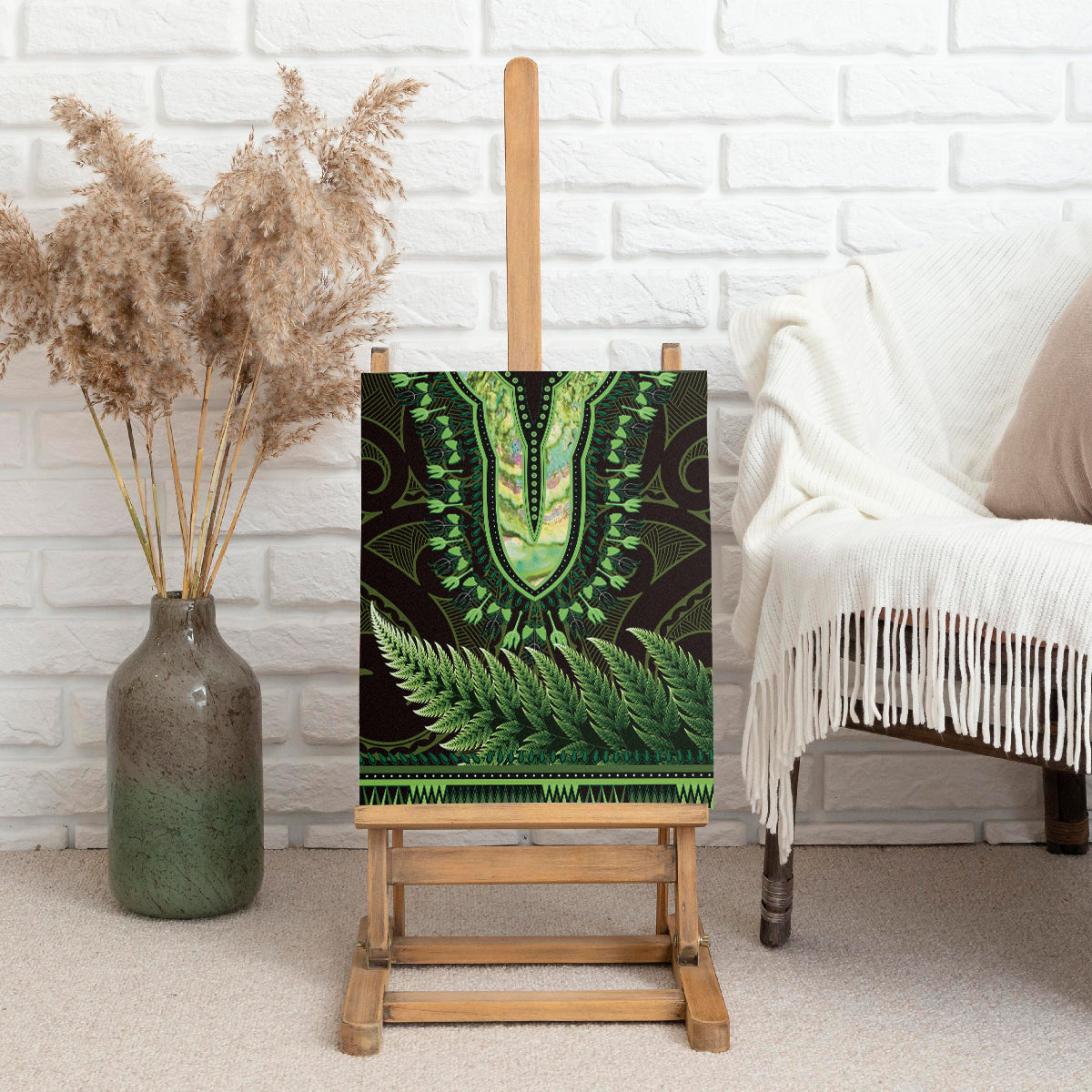 Lime Green African Dashiki With Aotearoa Maori Canvas Wall Art Paua Shell Mix Silver Fern LT14 - Polynesian Pride