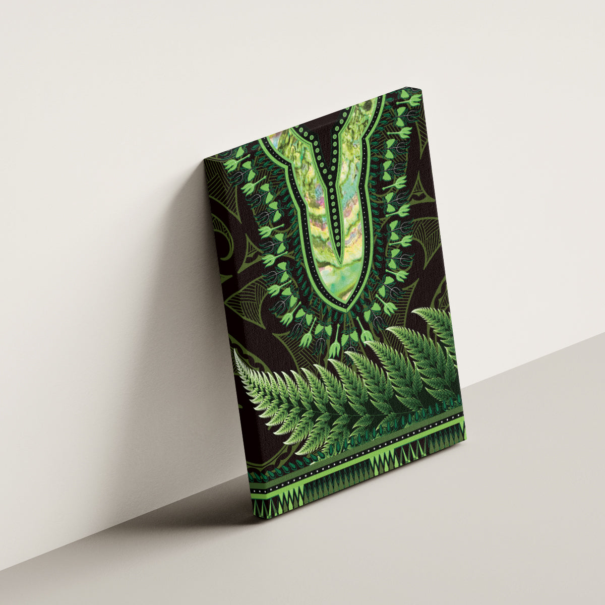 Lime Green African Dashiki With Aotearoa Maori Canvas Wall Art Paua Shell Mix Silver Fern LT14 - Polynesian Pride