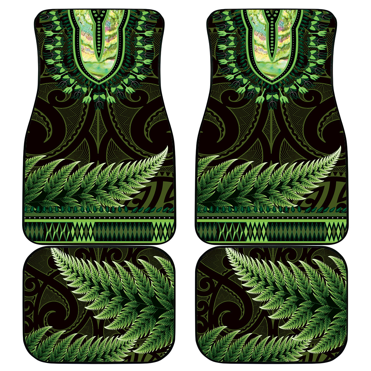 Lime Green African Dashiki With Aotearoa Maori Car Mats Paua Shell Mix Silver Fern LT14 - Polynesian Pride