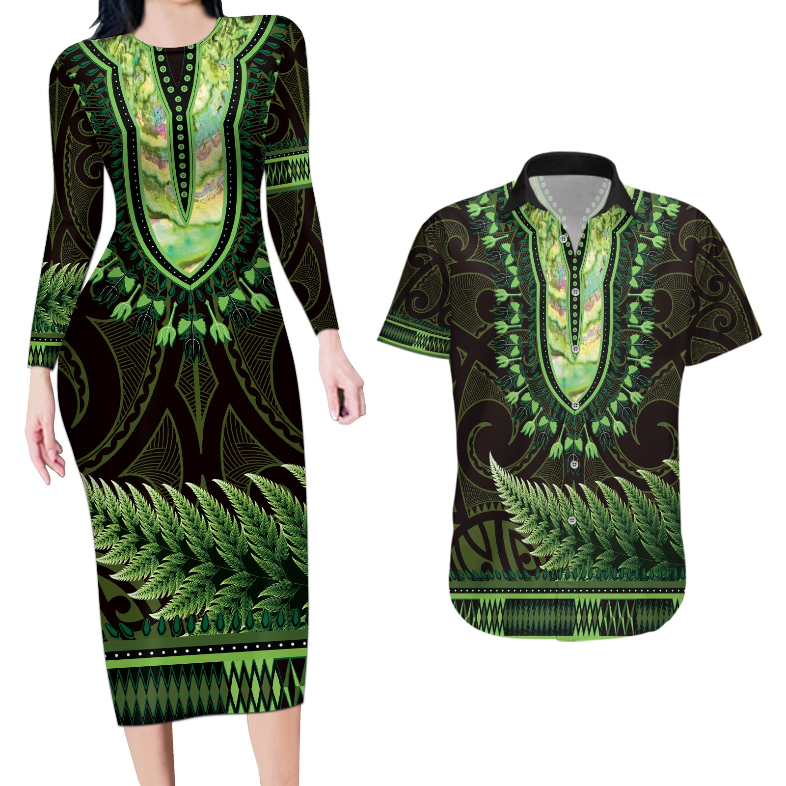 Lime Green African Dashiki With Aotearoa Maori Couples Matching Long Sleeve Bodycon Dress and Hawaiian Shirt Paua Shell Mix Silver Fern