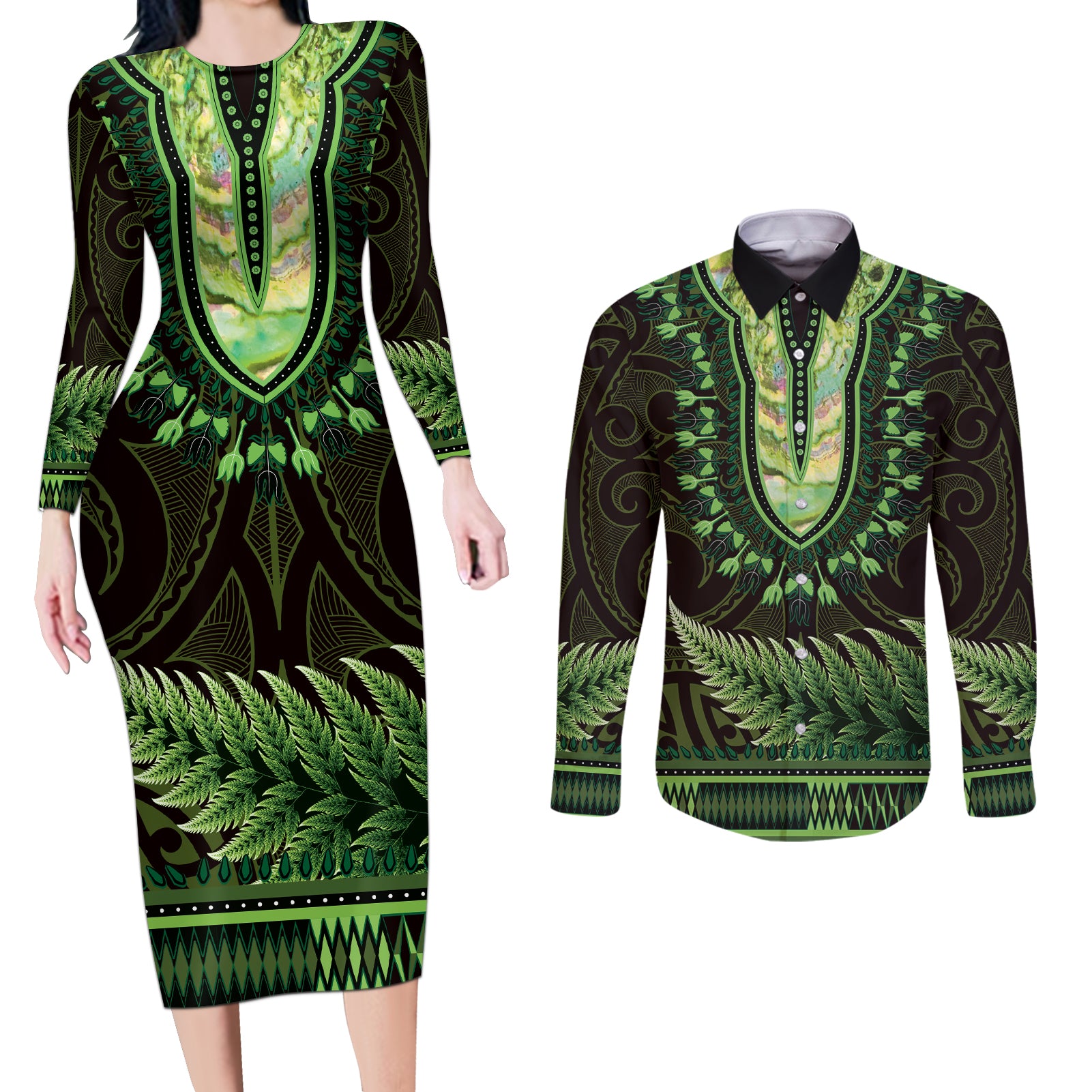Lime Green African Dashiki With Aotearoa Maori Couples Matching Long Sleeve Bodycon Dress and Long Sleeve Button Shirt Paua Shell Mix Silver Fern