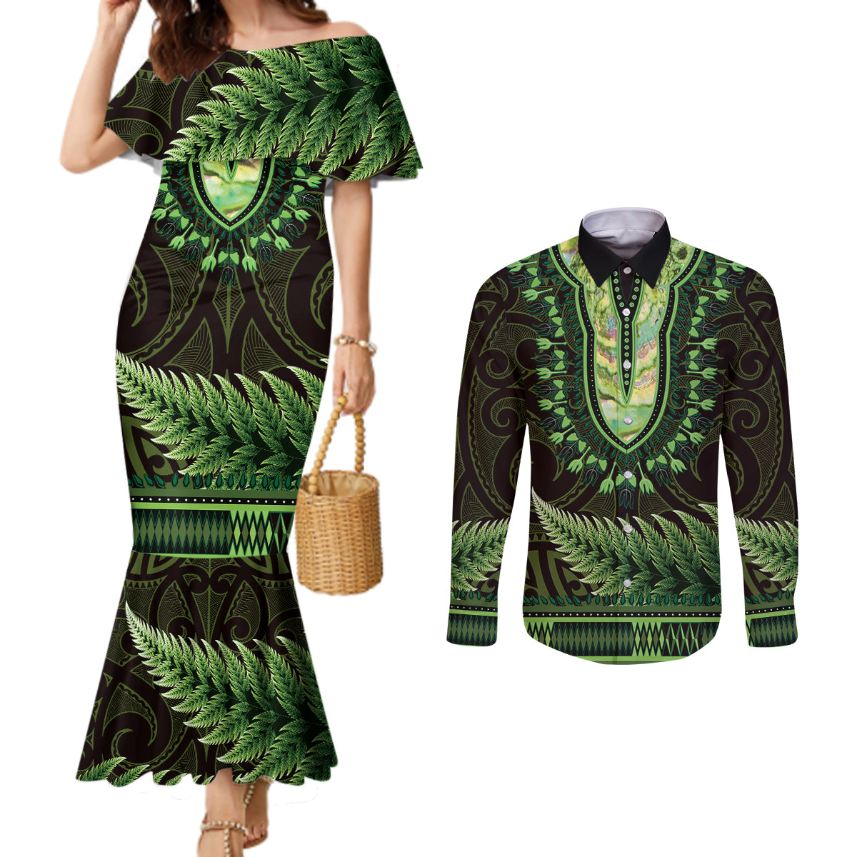 Lime Green African Dashiki With Aotearoa Maori Couples Matching Mermaid Dress and Long Sleeve Button Shirt Paua Shell Mix Silver Fern