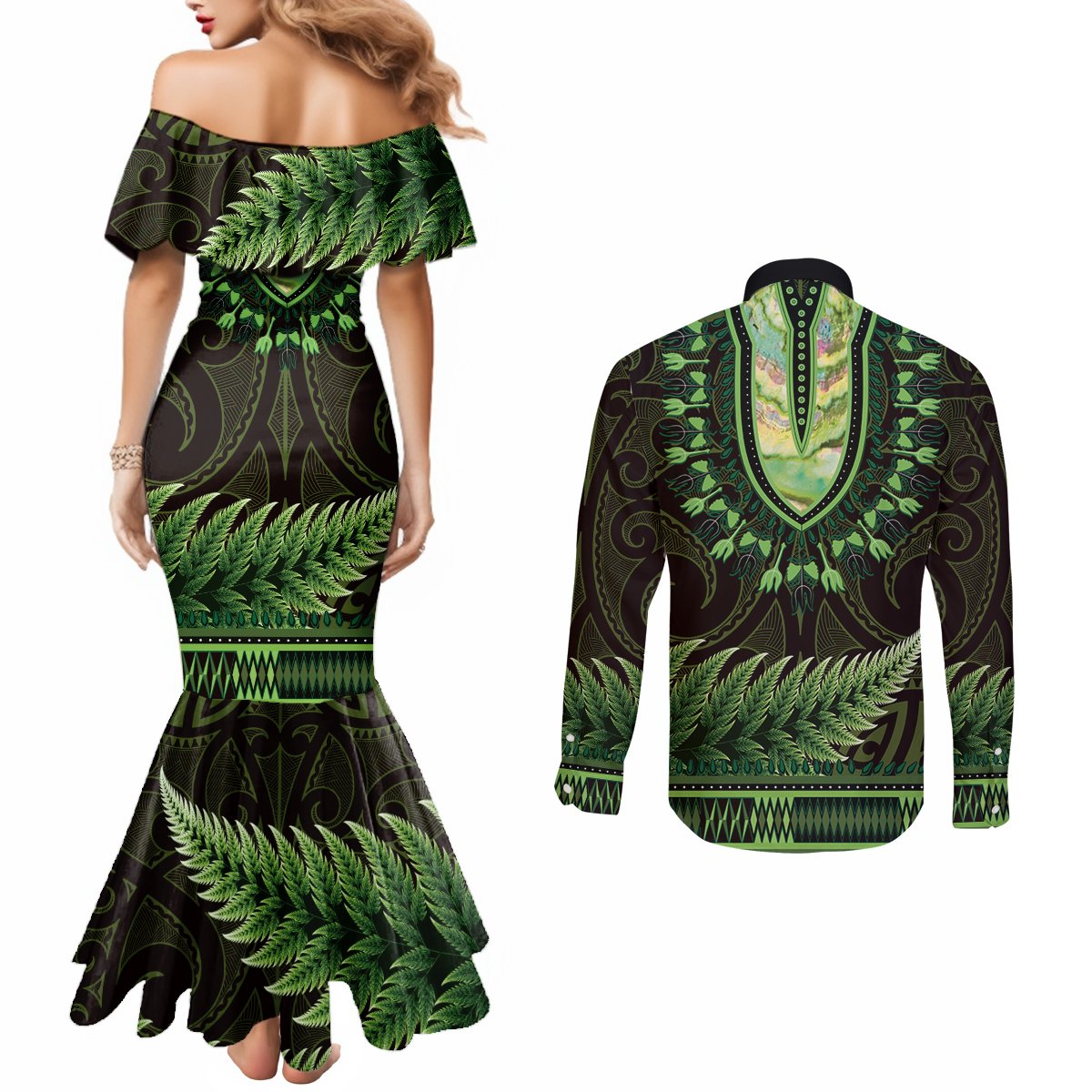 Lime Green African Dashiki With Aotearoa Maori Couples Matching Mermaid Dress and Long Sleeve Button Shirt Paua Shell Mix Silver Fern