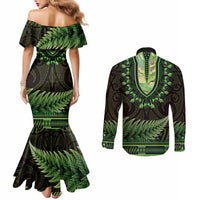 Lime Green African Dashiki With Aotearoa Maori Couples Matching Mermaid Dress and Long Sleeve Button Shirt Paua Shell Mix Silver Fern