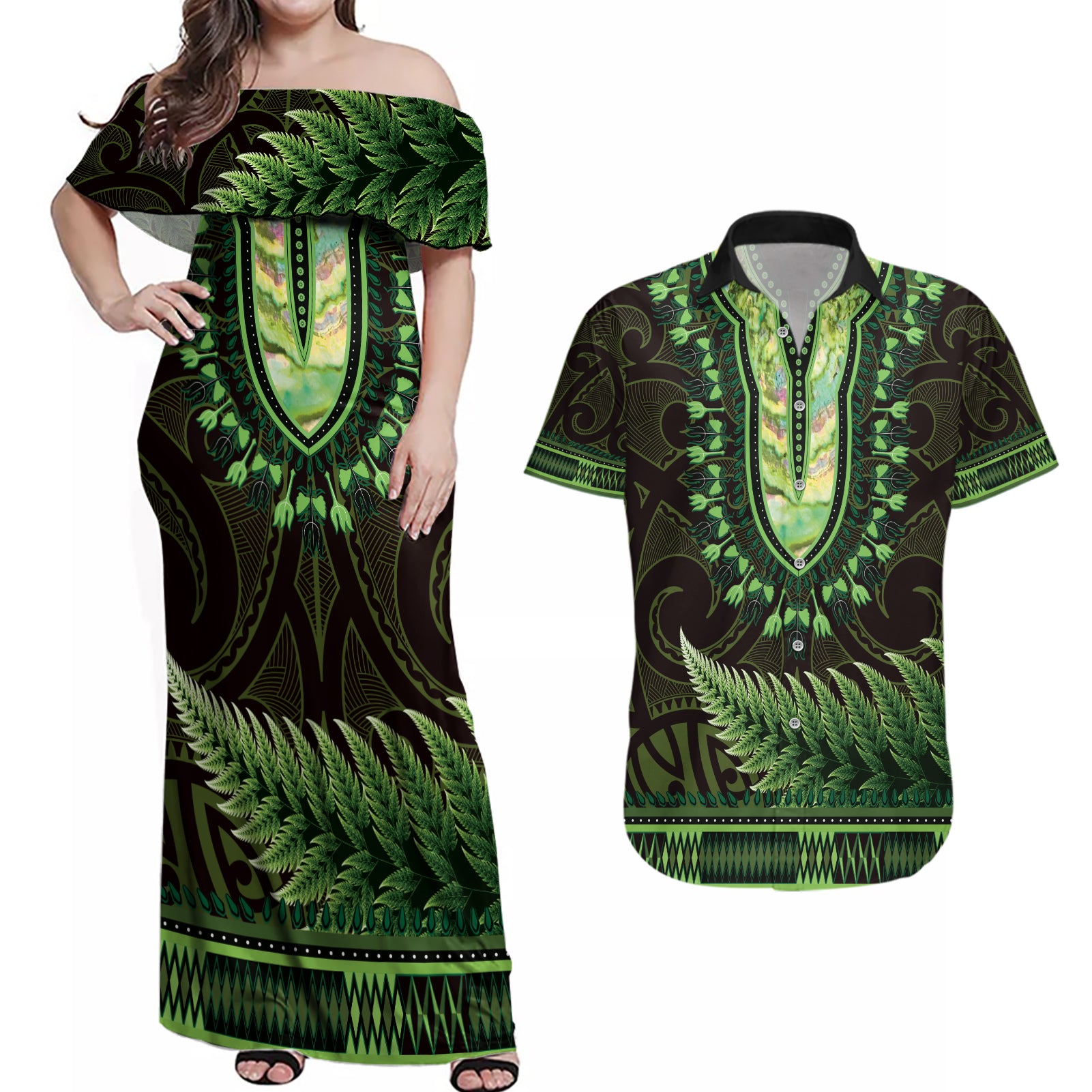 Lime Green African Dashiki With Aotearoa Maori Couples Matching Off Shoulder Maxi Dress and Hawaiian Shirt Paua Shell Mix Silver Fern