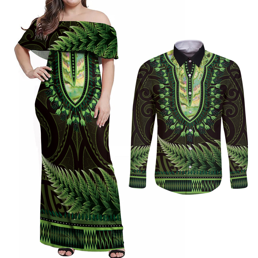 Lime Green African Dashiki With Aotearoa Maori Couples Matching Off Shoulder Maxi Dress and Long Sleeve Button Shirt Paua Shell Mix Silver Fern