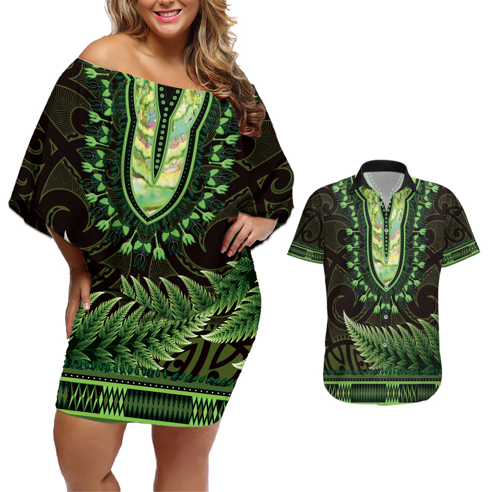 Lime Green African Dashiki With Aotearoa Maori Couples Matching Off Shoulder Short Dress and Hawaiian Shirt Paua Shell Mix Silver Fern
