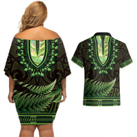 Lime Green African Dashiki With Aotearoa Maori Couples Matching Off Shoulder Short Dress and Hawaiian Shirt Paua Shell Mix Silver Fern