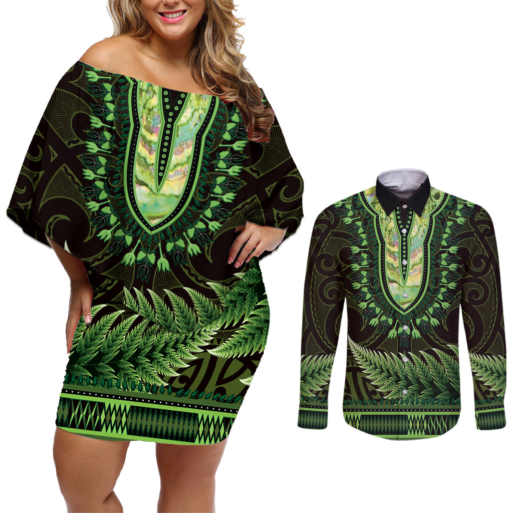 Lime Green African Dashiki With Aotearoa Maori Couples Matching Off Shoulder Short Dress and Long Sleeve Button Shirt Paua Shell Mix Silver Fern
