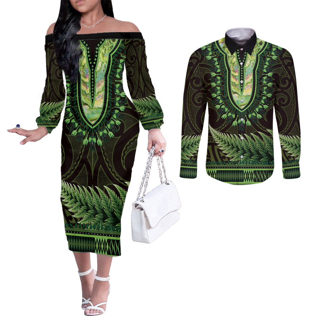 Lime Green African Dashiki With Aotearoa Maori Couples Matching Off The Shoulder Long Sleeve Dress and Long Sleeve Button Shirt Paua Shell Mix Silver Fern
