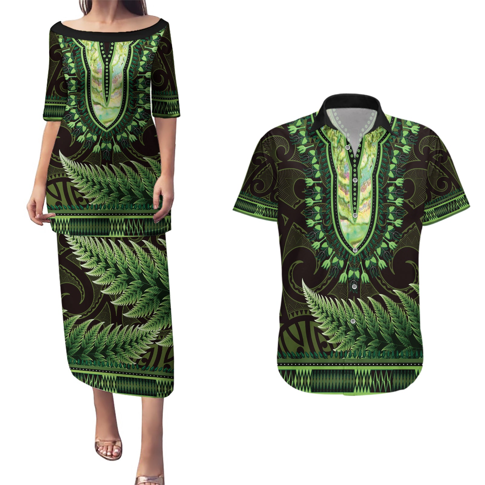 Lime Green African Dashiki With Aotearoa Maori Couples Matching Puletasi and Hawaiian Shirt Paua Shell Mix Silver Fern