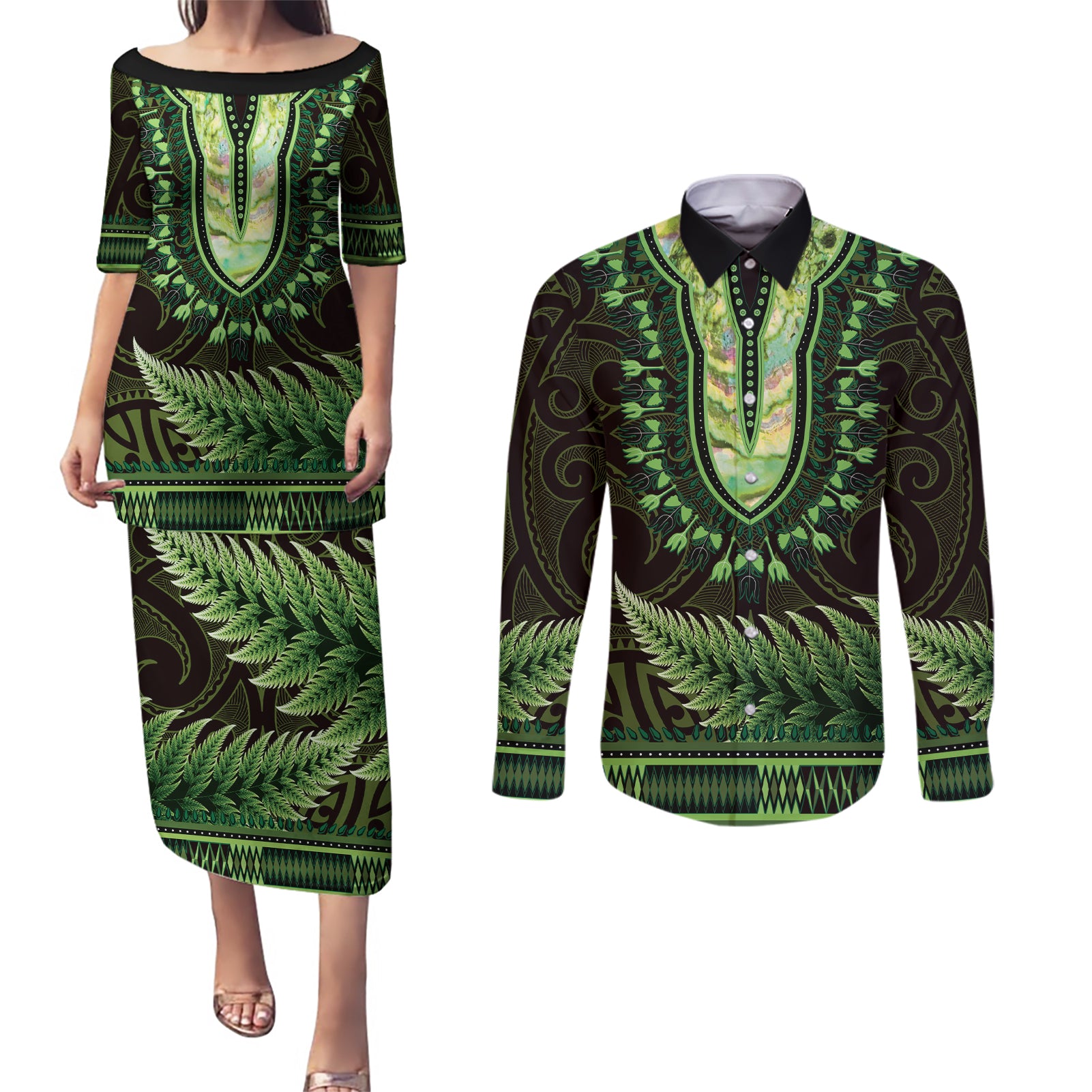 Lime Green African Dashiki With Aotearoa Maori Couples Matching Puletasi and Long Sleeve Button Shirt Paua Shell Mix Silver Fern