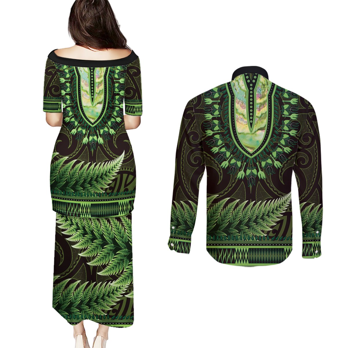 Lime Green African Dashiki With Aotearoa Maori Couples Matching Puletasi and Long Sleeve Button Shirt Paua Shell Mix Silver Fern