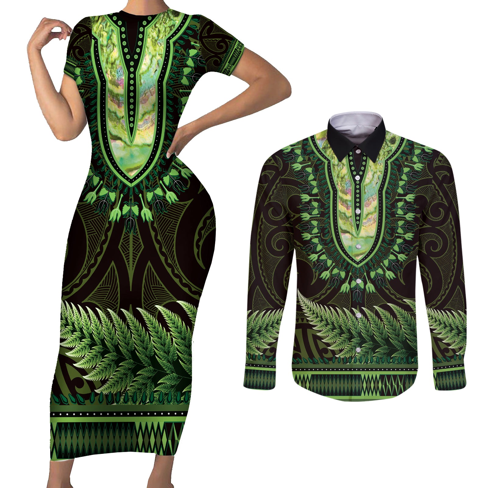 Lime Green African Dashiki With Aotearoa Maori Couples Matching Short Sleeve Bodycon Dress and Long Sleeve Button Shirt Paua Shell Mix Silver Fern