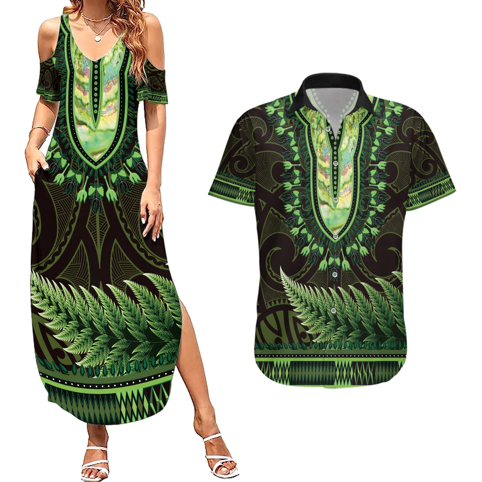 Lime Green African Dashiki With Aotearoa Maori Couples Matching Summer Maxi Dress and Hawaiian Shirt Paua Shell Mix Silver Fern
