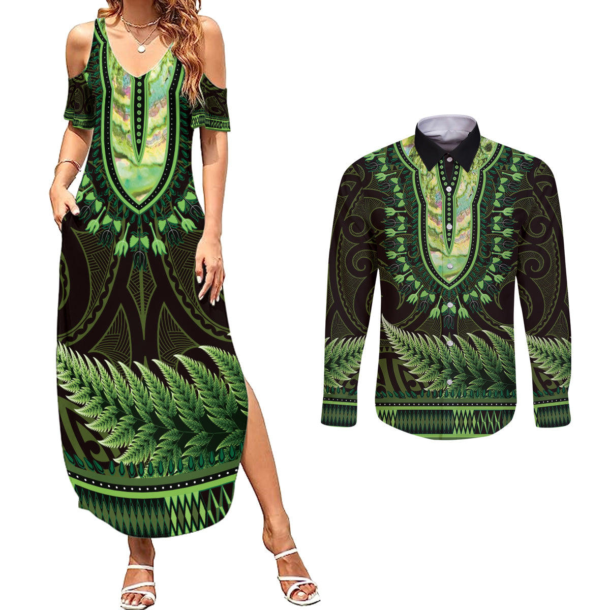 Lime Green African Dashiki With Aotearoa Maori Couples Matching Summer Maxi Dress and Long Sleeve Button Shirt Paua Shell Mix Silver Fern