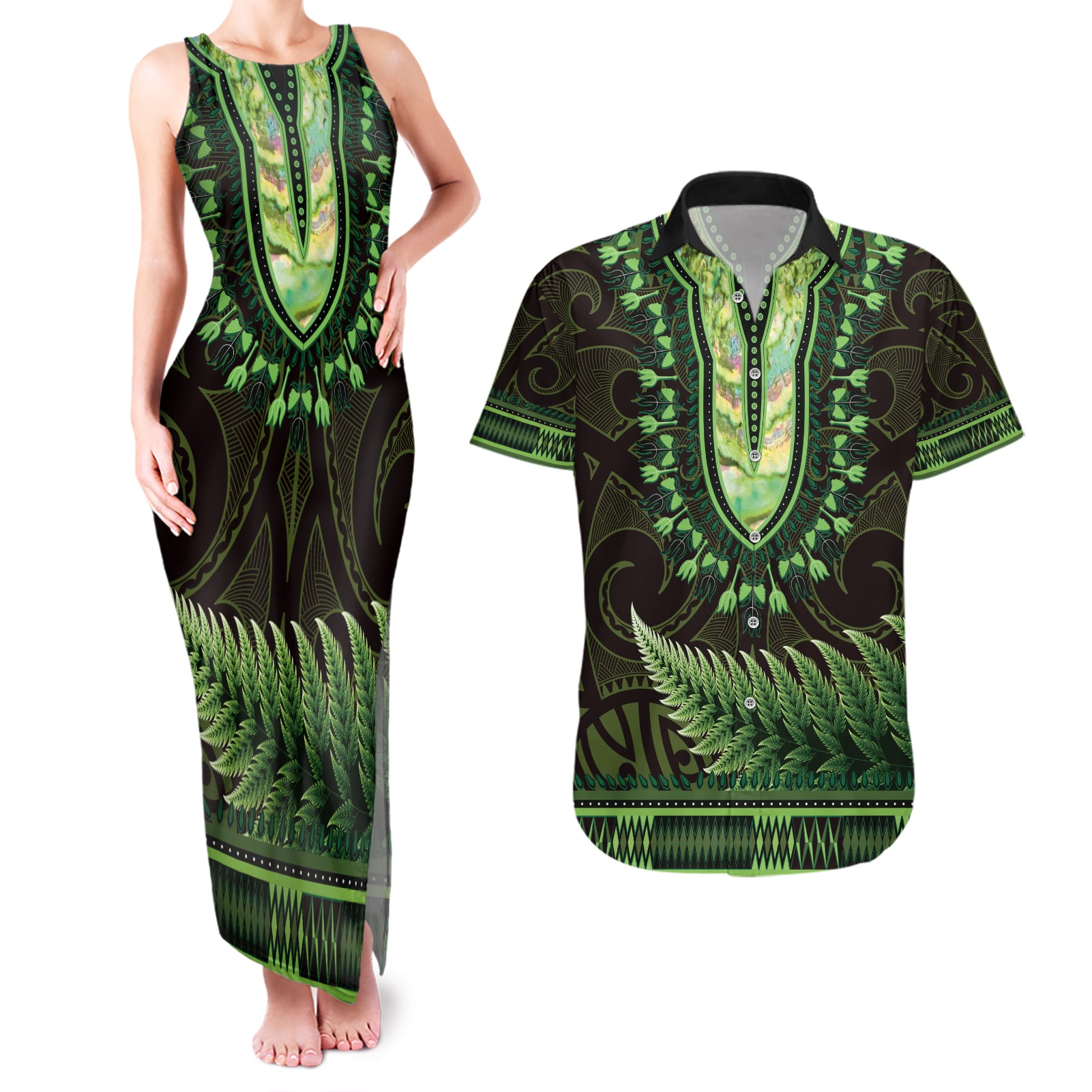 Lime Green African Dashiki With Aotearoa Maori Couples Matching Tank Maxi Dress and Hawaiian Shirt Paua Shell Mix Silver Fern
