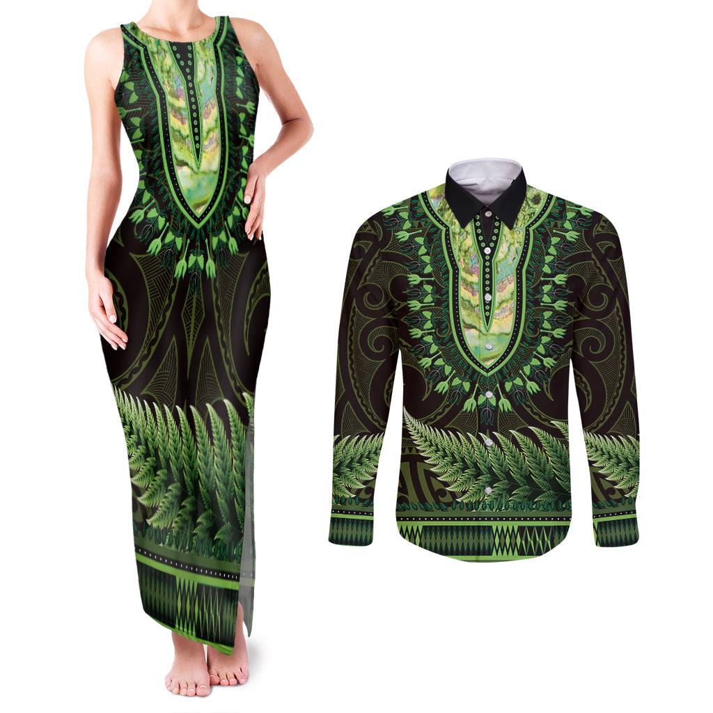 Lime Green African Dashiki With Aotearoa Maori Couples Matching Tank Maxi Dress and Long Sleeve Button Shirt Paua Shell Mix Silver Fern