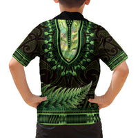 Lime Green African Dashiki With Aotearoa Maori Family Matching Long Sleeve Bodycon Dress and Hawaiian Shirt Paua Shell Mix Silver Fern