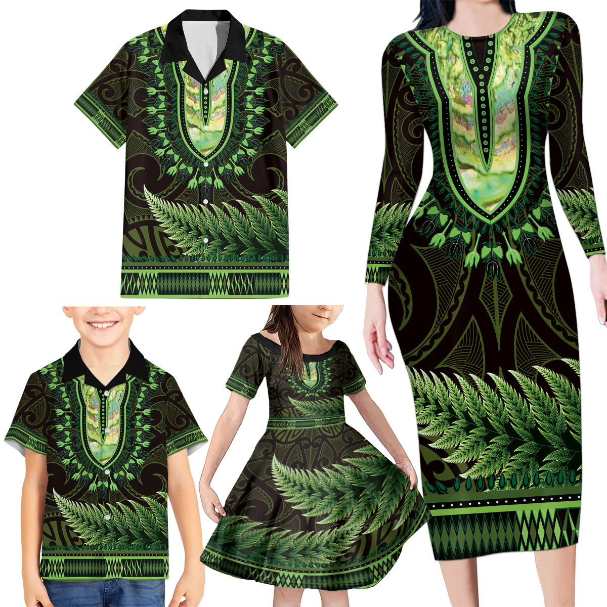 Lime Green African Dashiki With Aotearoa Maori Family Matching Long Sleeve Bodycon Dress and Hawaiian Shirt Paua Shell Mix Silver Fern