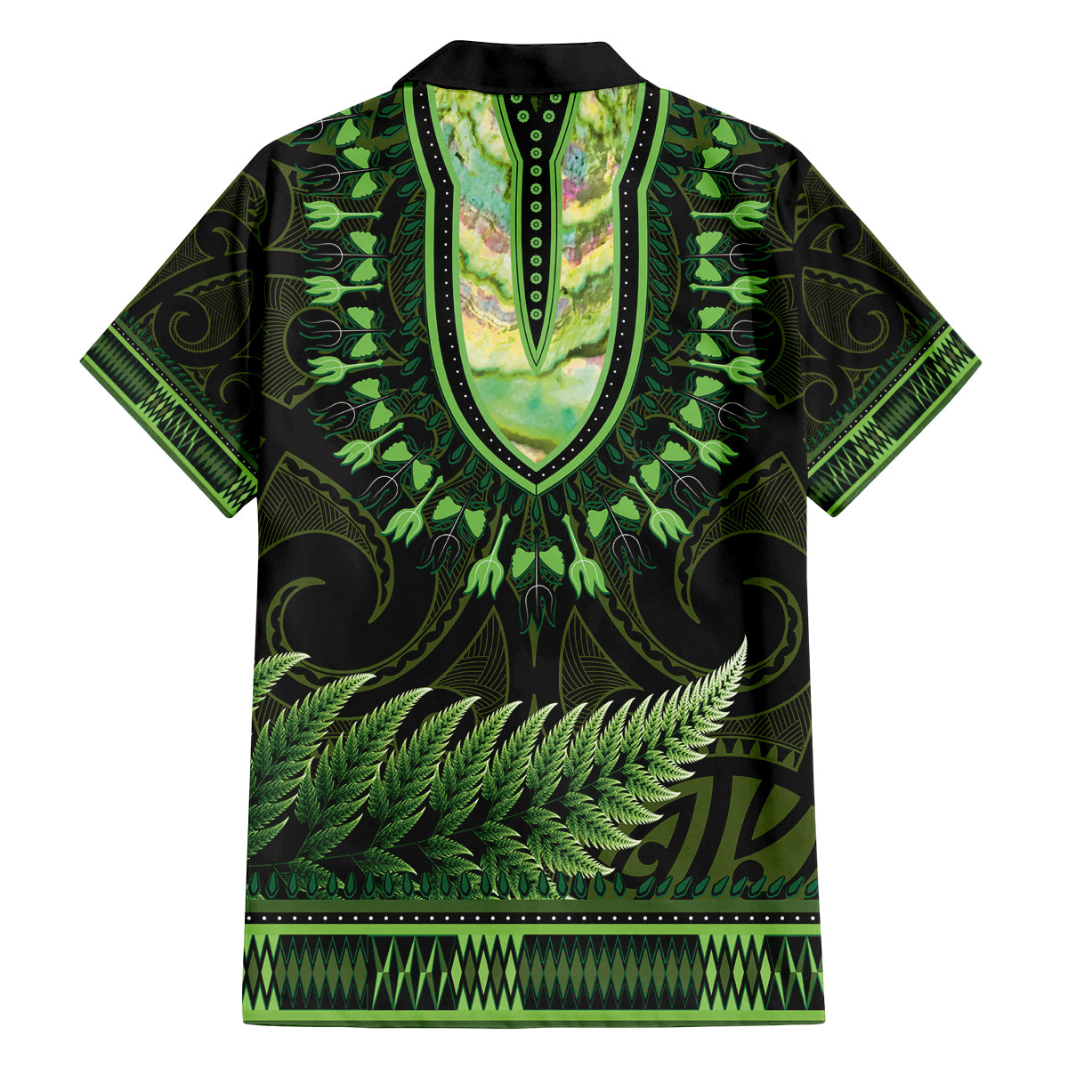 Lime Green African Dashiki With Aotearoa Maori Family Matching Off Shoulder Short Dress and Hawaiian Shirt Paua Shell Mix Silver Fern