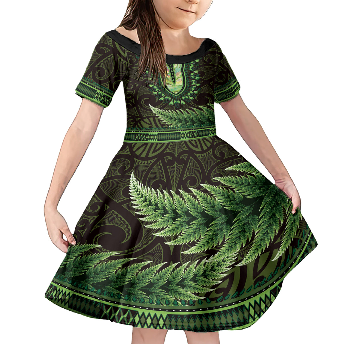 Lime Green African Dashiki With Aotearoa Maori Family Matching Short Sleeve Bodycon Dress and Hawaiian Shirt Paua Shell Mix Silver Fern LT14 Daughter's Dress Lime Green - Polynesian Pride