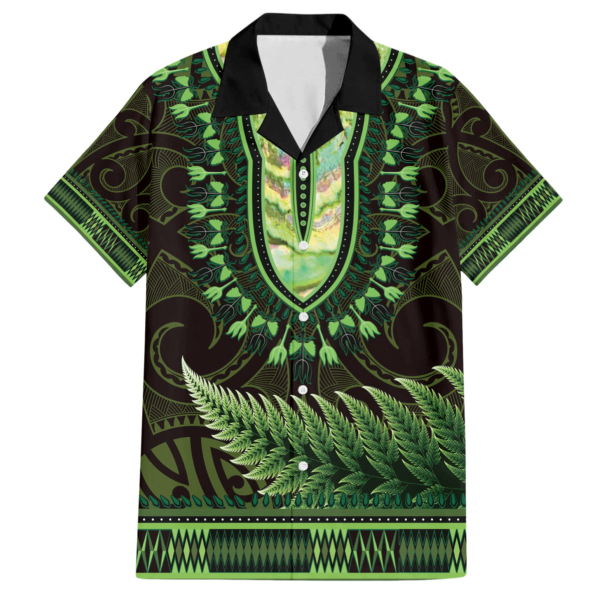 Lime Green African Dashiki With Aotearoa Maori Family Matching Short Sleeve Bodycon Dress and Hawaiian Shirt Paua Shell Mix Silver Fern LT14 Dad's Shirt - Short Sleeve Lime Green - Polynesian Pride