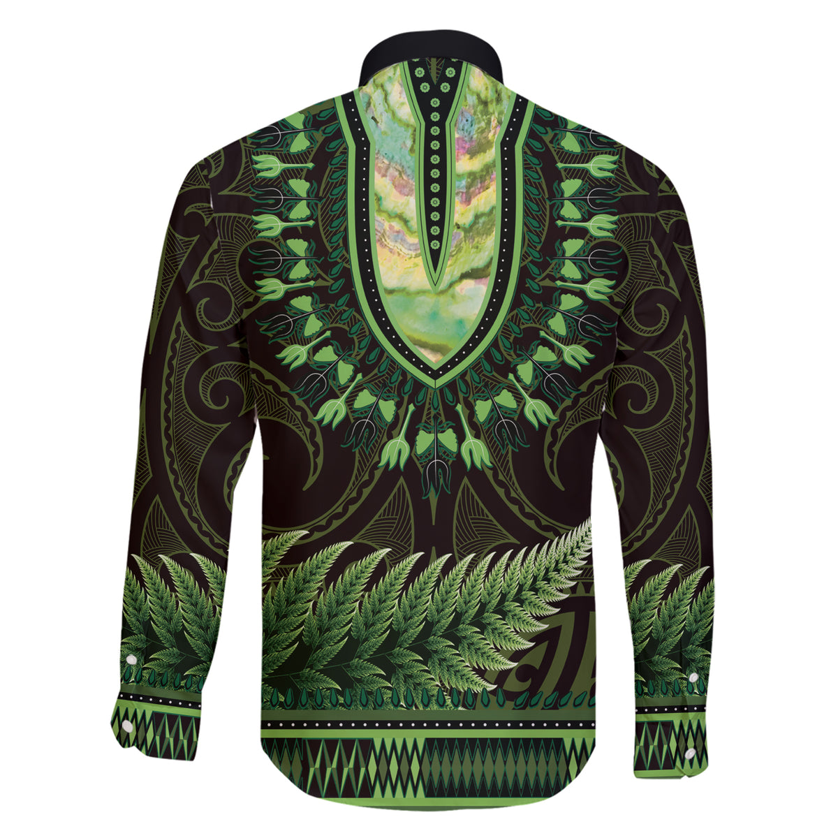 Lime Green African Dashiki With Aotearoa Maori Family Matching Short Sleeve Bodycon Dress and Hawaiian Shirt Paua Shell Mix Silver Fern LT14 - Polynesian Pride