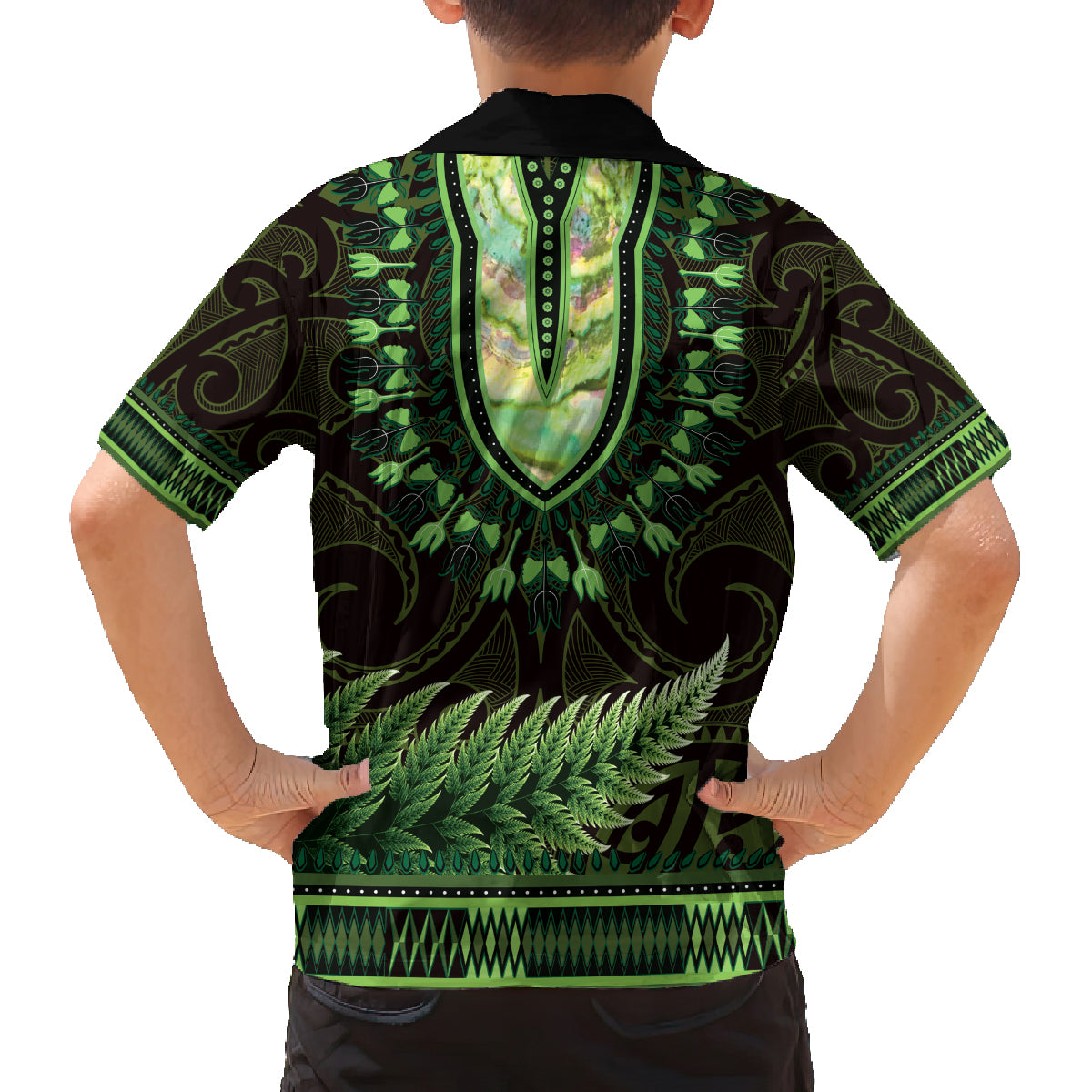 Lime Green African Dashiki With Aotearoa Maori Family Matching Summer Maxi Dress and Hawaiian Shirt Paua Shell Mix Silver Fern