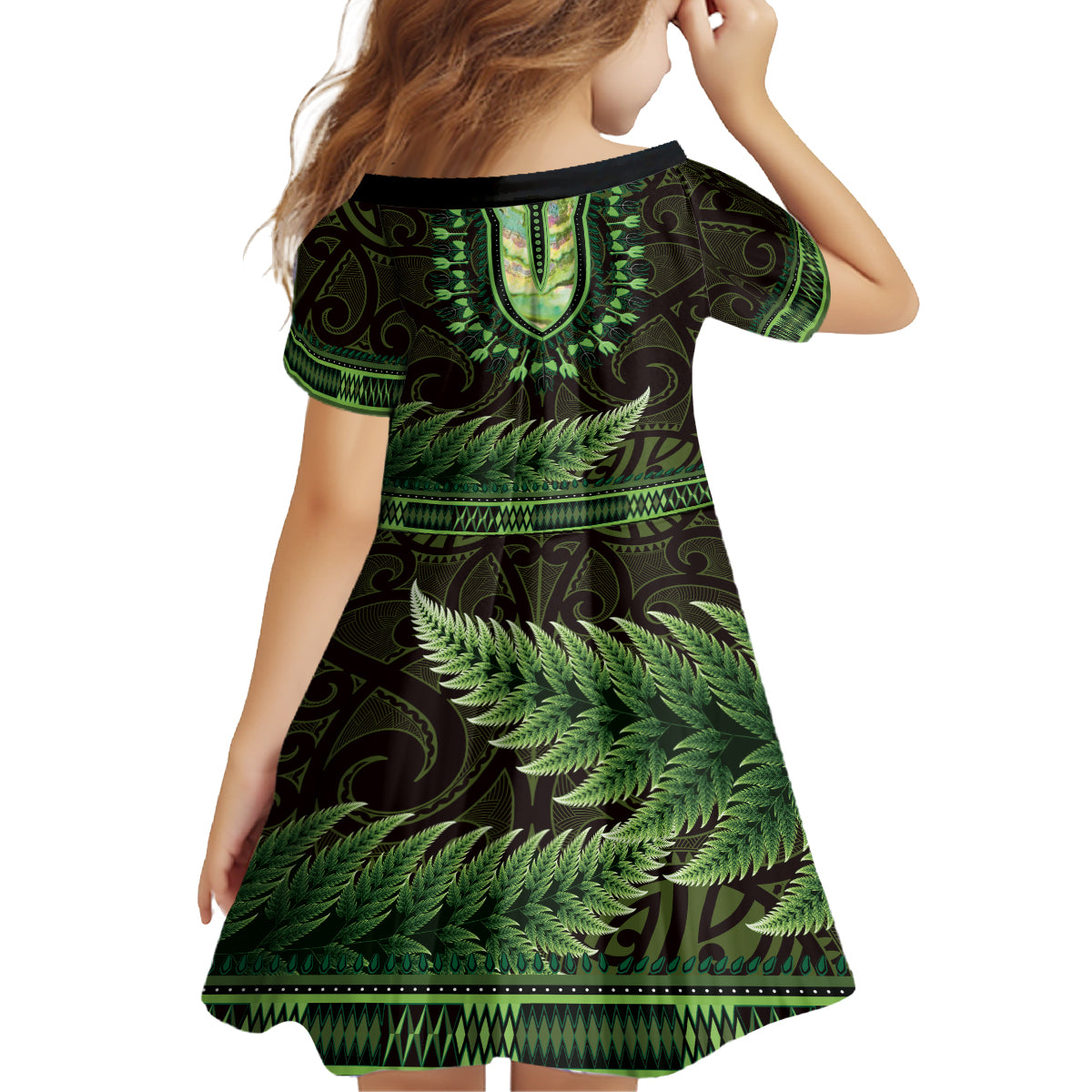 Lime Green African Dashiki With Aotearoa Maori Family Matching Tank Maxi Dress and Hawaiian Shirt Paua Shell Mix Silver Fern