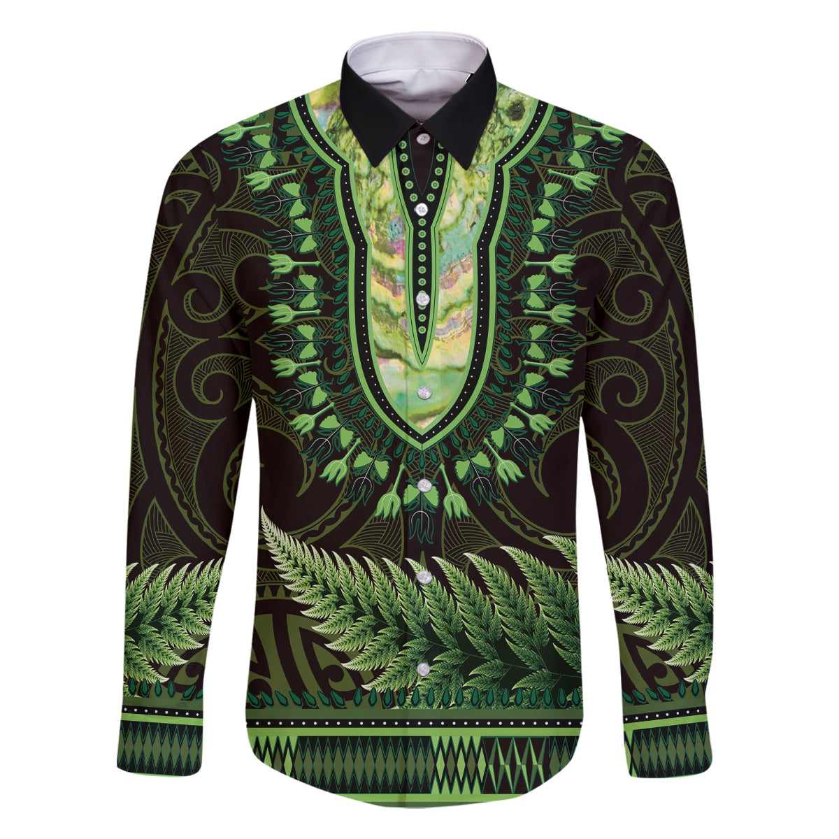 Lime Green African Dashiki With Aotearoa Maori Family Matching Tank Maxi Dress and Hawaiian Shirt Paua Shell Mix Silver Fern