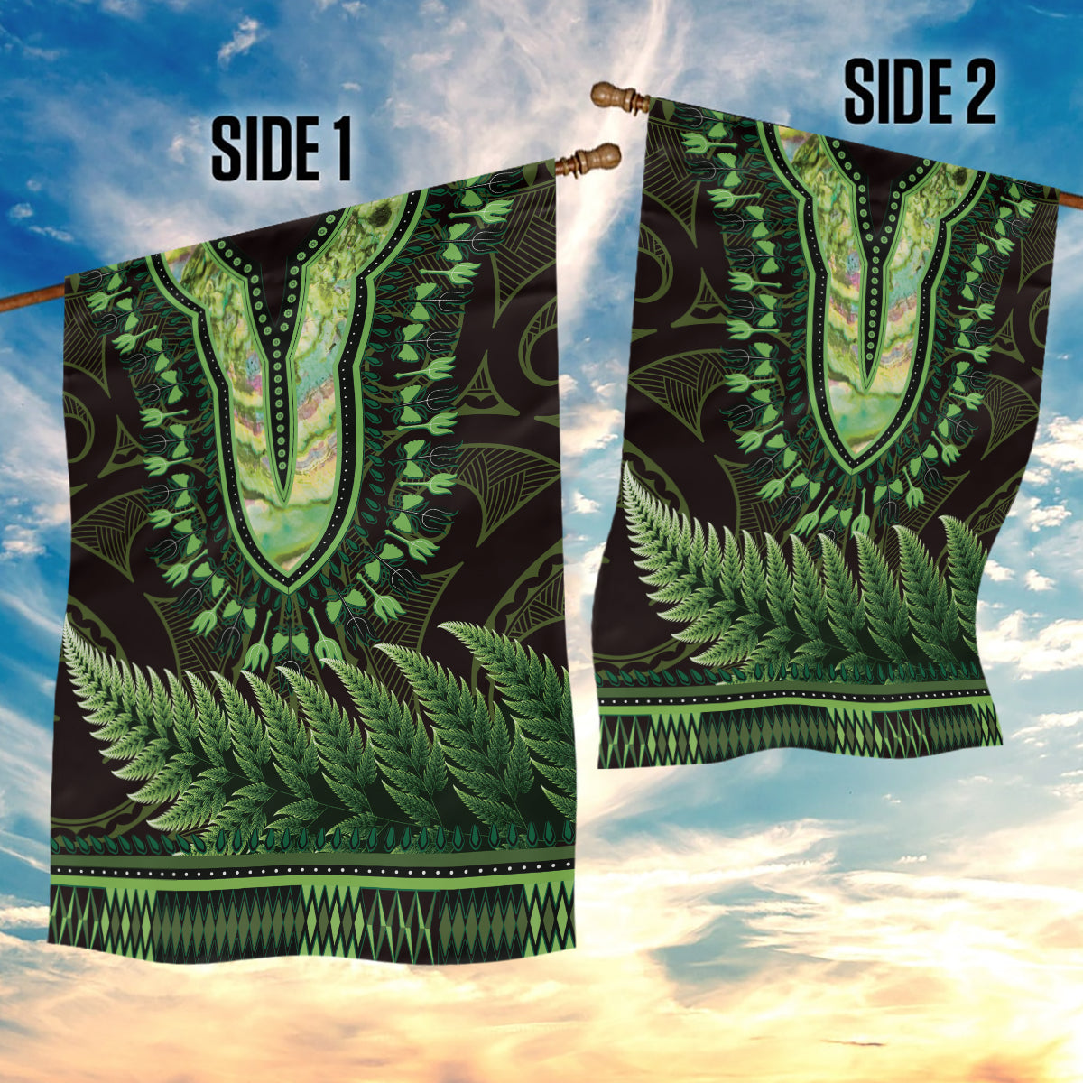 Lime Green African Dashiki With Aotearoa Maori Garden Flag Paua Shell Mix Silver Fern LT14 - Polynesian Pride