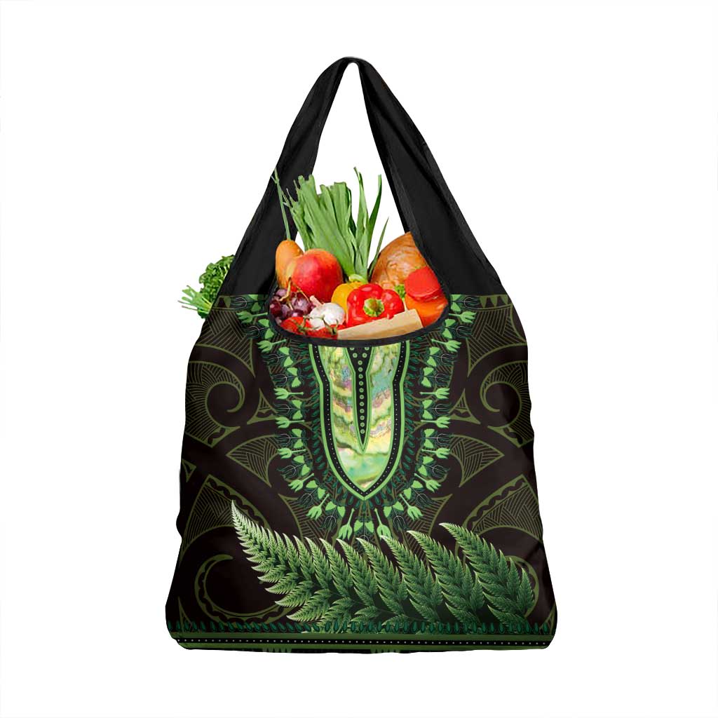 Lime Green African Dashiki With Aotearoa Maori Grocery Bag Paua Shell Mix Silver Fern LT14 1-pack One Size Lime Green - Polynesian Pride
