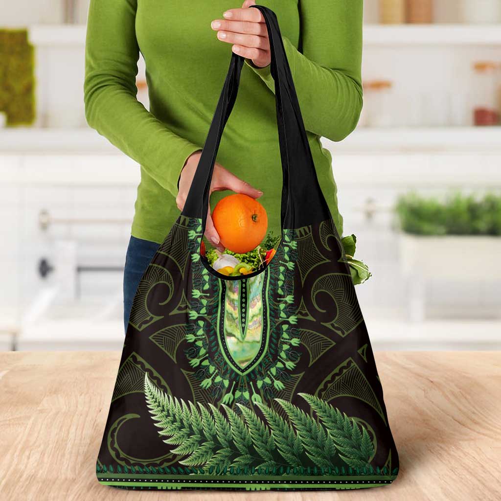 Lime Green African Dashiki With Aotearoa Maori Grocery Bag Paua Shell Mix Silver Fern LT14 - Polynesian Pride