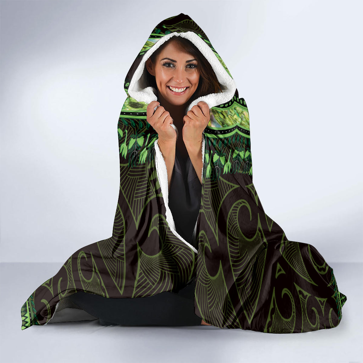 Lime Green African Dashiki With Aotearoa Maori Hooded Blanket Paua Shell Mix Silver Fern LT14 - Polynesian Pride