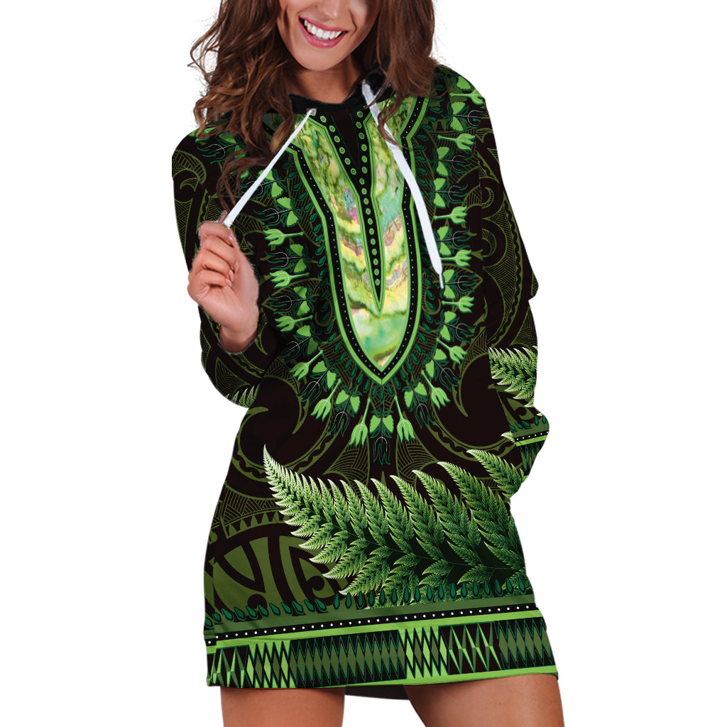 Lime Green African Dashiki With Aotearoa Maori Hoodie Dress Paua Shell Mix Silver Fern LT14 Lime Green - Polynesian Pride
