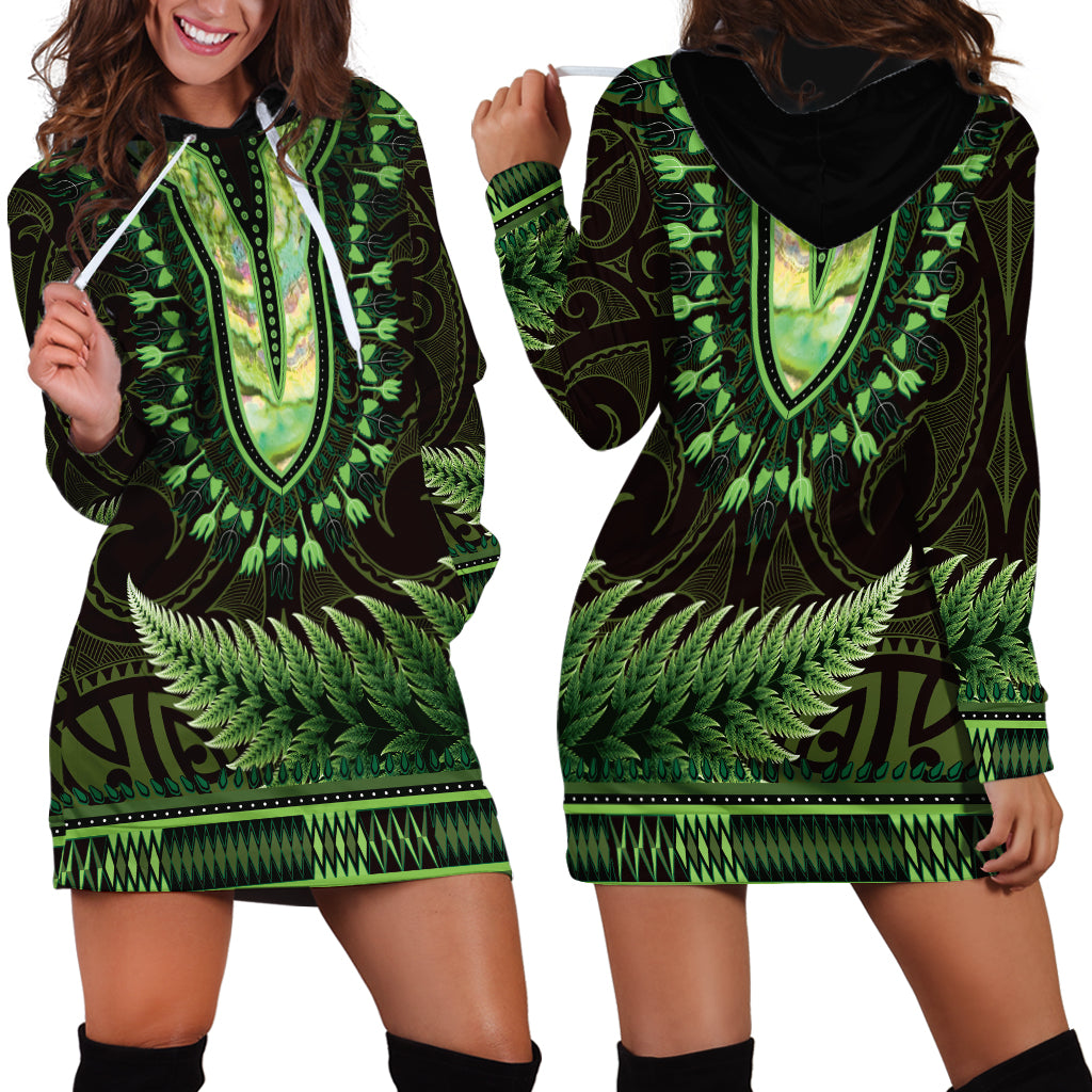 Lime Green African Dashiki With Aotearoa Maori Hoodie Dress Paua Shell Mix Silver Fern LT14 - Polynesian Pride